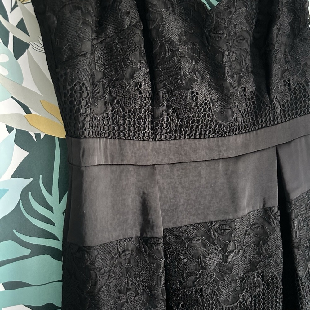 Aidan Mattox Black Embroidered Lace Floral Pleated A-Line Dress Womens Sz 10 EUC - Picture 2 of 5